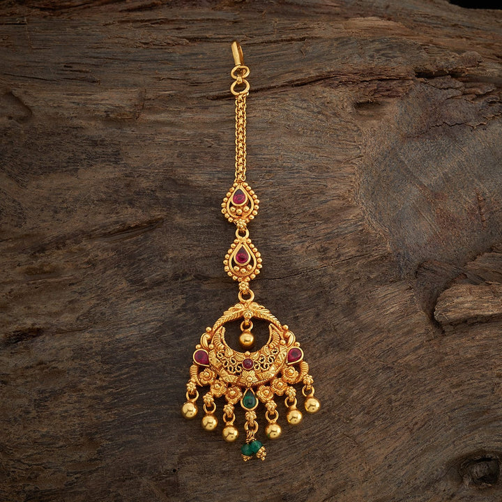 Pure 92.5 Silver Gold-Plated Chandbali Design Temple Tikka with Gemstone and Dangling Beads