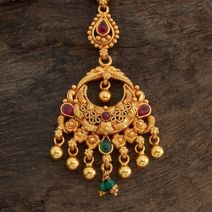 Pure 92.5 Silver Gold-Plated Chandbali Design Temple Tikka with Gemstone and Dangling Beads