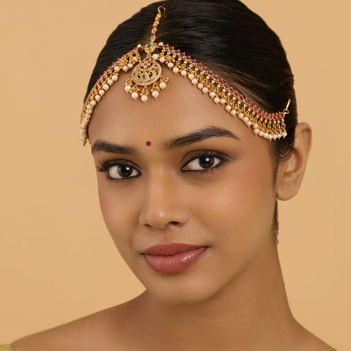 Pure 92.5 Silver, Gold-Plated Traditional Maang Tikka with Temple Design and Pearl Chain