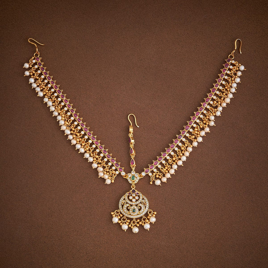 Pure 92.5 Silver, Gold-Plated Traditional Maang Tikka with Temple Design and Pearl Chain