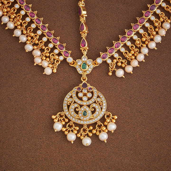 Pure 92.5 Silver, Gold-Plated Traditional Maang Tikka with Temple Design and Pearl Chain