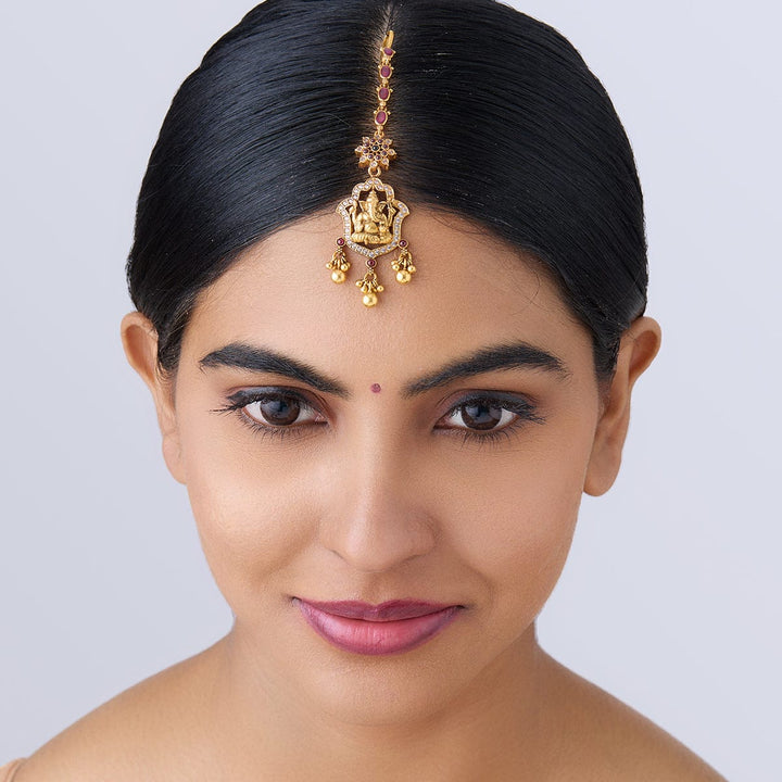 Pure 92.5 Silver Antique Gold Finish Ganesha Motif Temple Tikka with Ruby and Zircon Stones