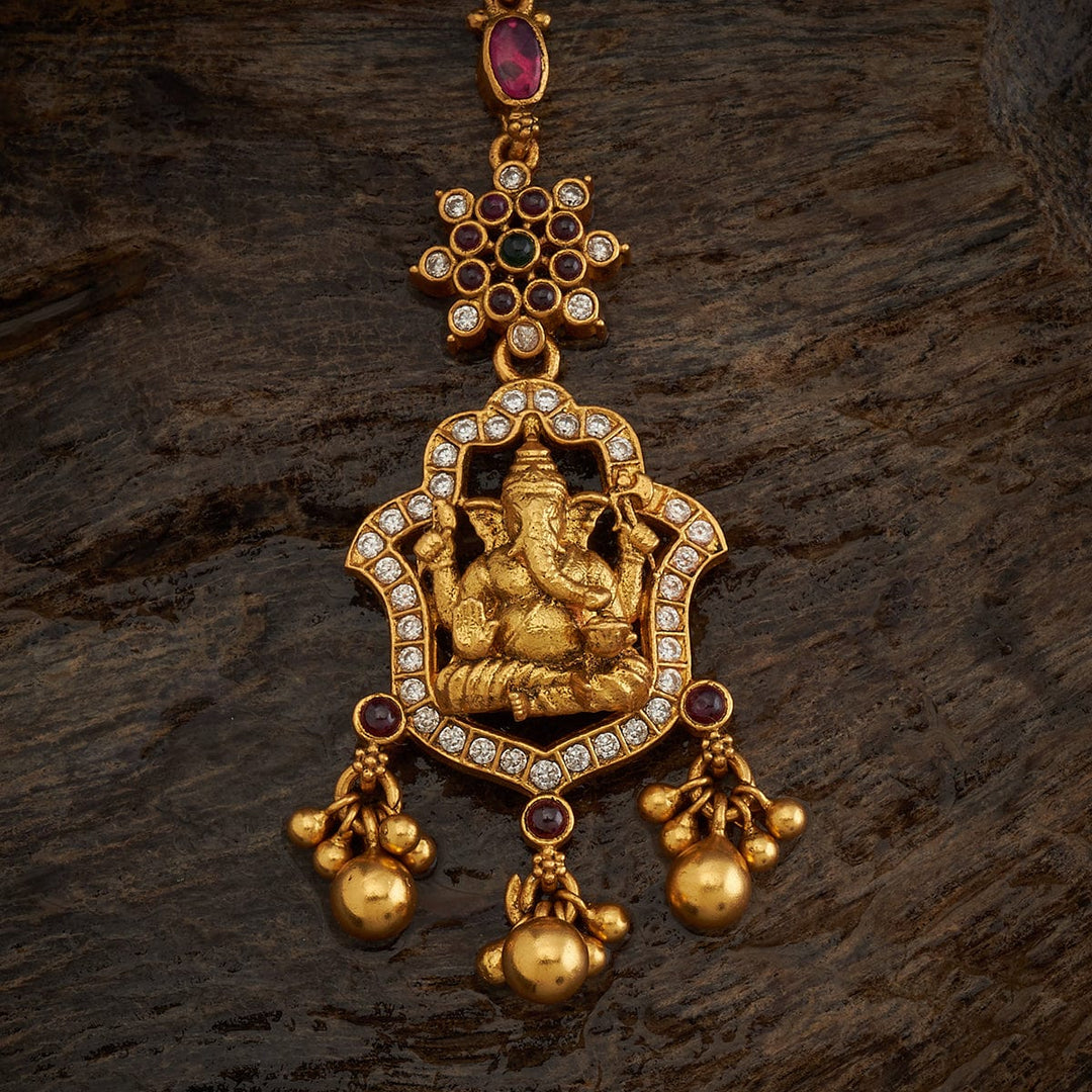 Pure 92.5 Silver Antique Gold Finish Ganesha Motif Temple Tikka with Ruby and Zircon Stones