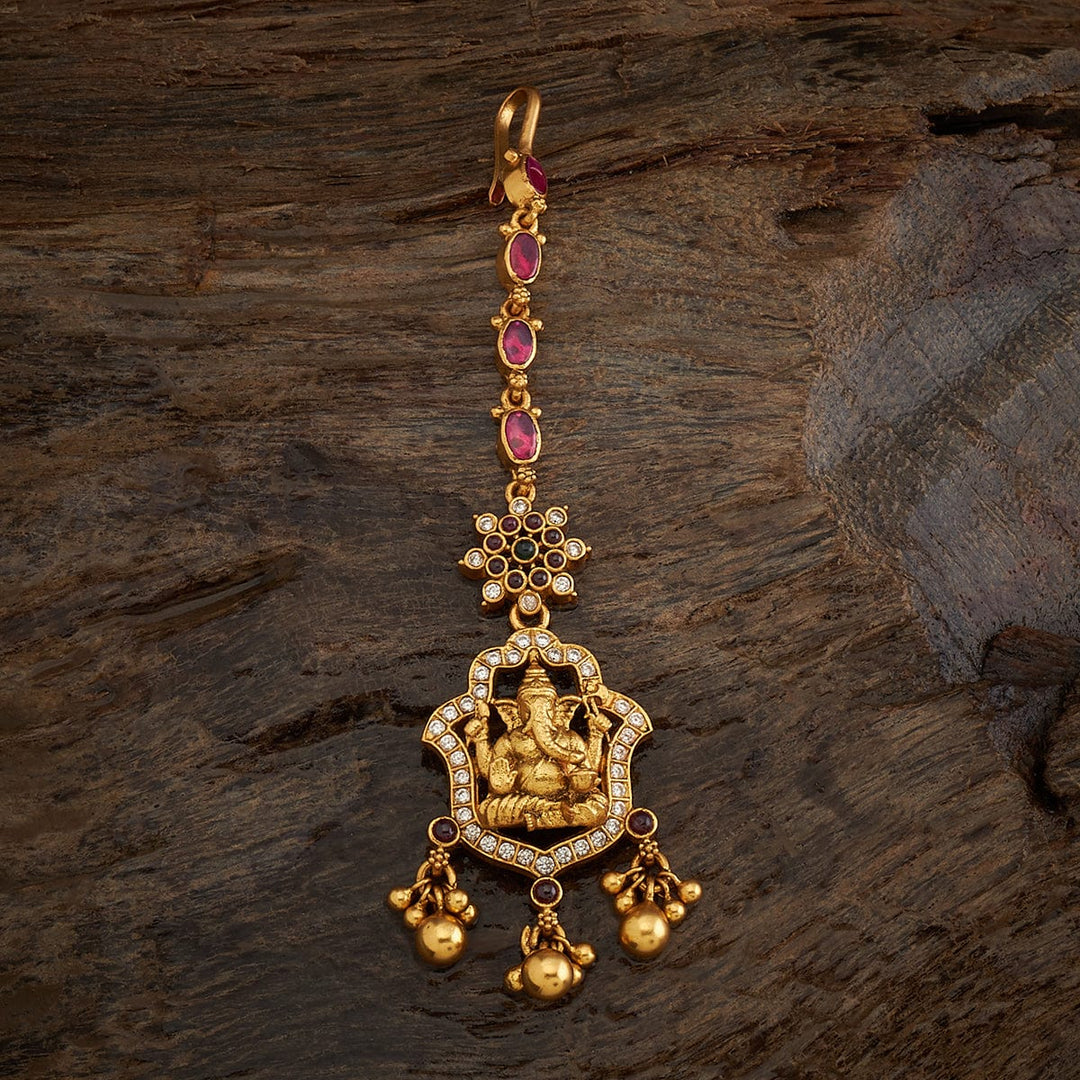 Pure 92.5 Silver Antique Gold Finish Ganesha Motif Temple Tikka with Ruby and Zircon Stones