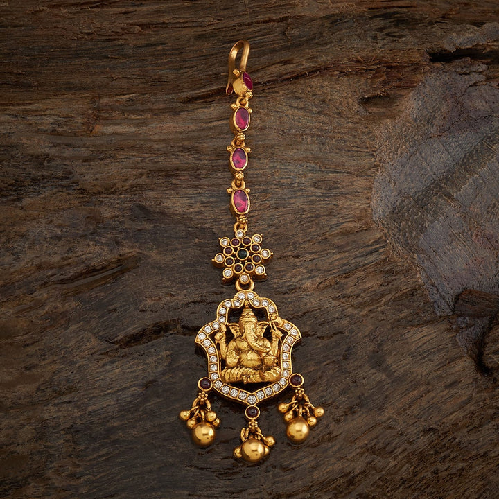 Pure 92.5 Silver Antique Gold Finish Ganesha Motif Temple Tikka with Ruby and Zircon Stones