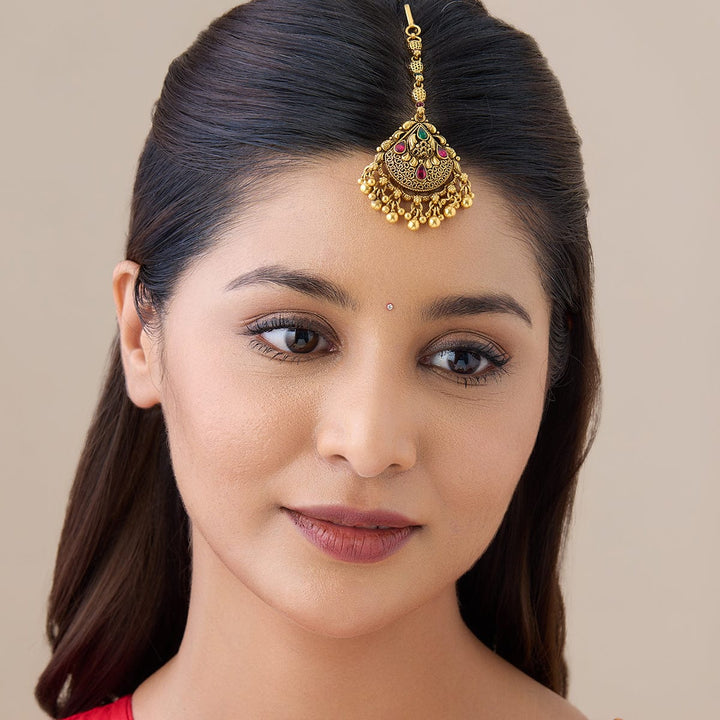 Pure 92.5 Silver Oxidised Gold Finish Temple Tikka with Ruby and Green Stones