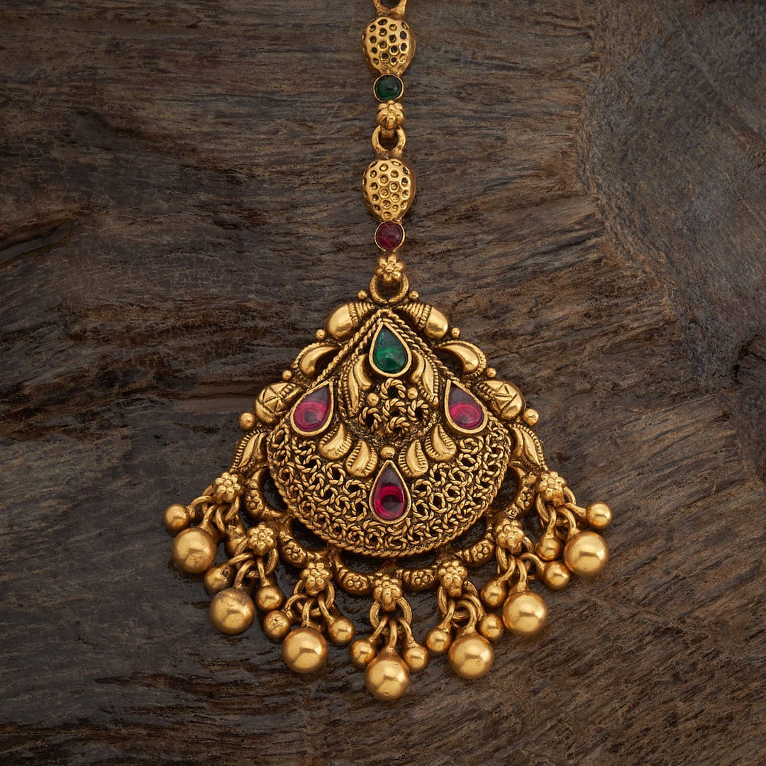 Pure 92.5 Silver Antique Gold Finish Temple Maang Tikka with Gem Stone and Gold Dangling Beads