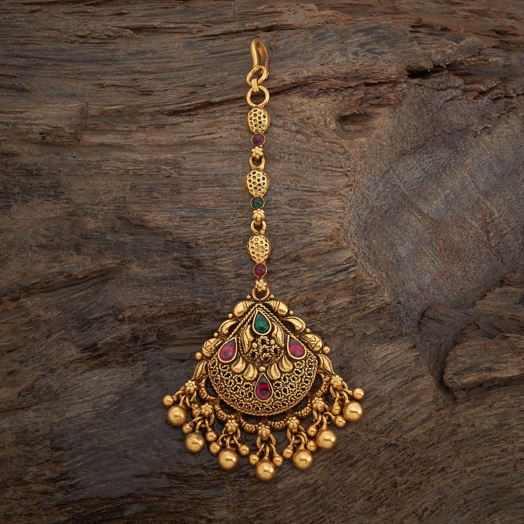 Pure 92.5 Silver Antique Gold Finish Temple Maang Tikka with Gem Stone and Gold Dangling Beads