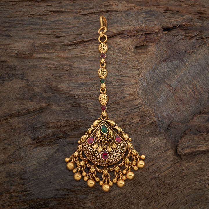 Pure 92.5 Silver Antique Gold Finish Temple Maang Tikka with Gem Stone and Gold Dangling Beads