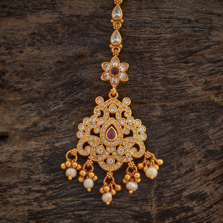 Traditional Design Floral Pendant Tikka with shimmering White and Pink stones with Dangling Beads