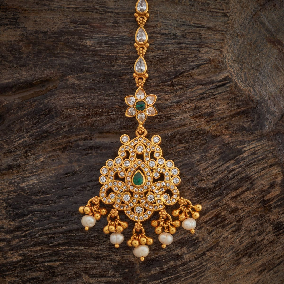 Pure 92.5 Silver, Gold-Plated CZ-Studded Maang Tikka with Green Stones and Pearls Drops