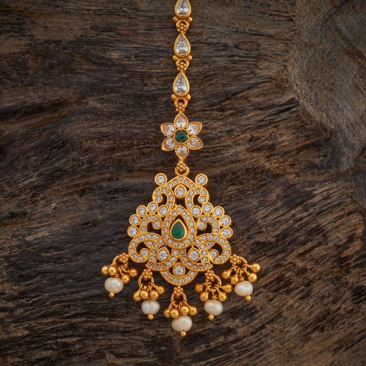 Pure 92.5 Silver, Gold-Plated CZ-Studded Maang Tikka with Green Stones and Pearls Drops