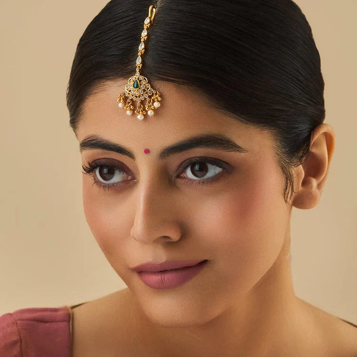 92.5 Sterling Silver Gold-Polished Maang Tikka with Emerald Green Stone and Pearl Drops | SHOBITAM
