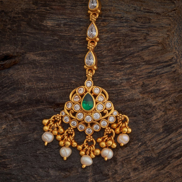 92.5 Sterling Silver Gold-Polished Maang Tikka with Emerald Green Stone and Pearl Drops | SHOBITAM