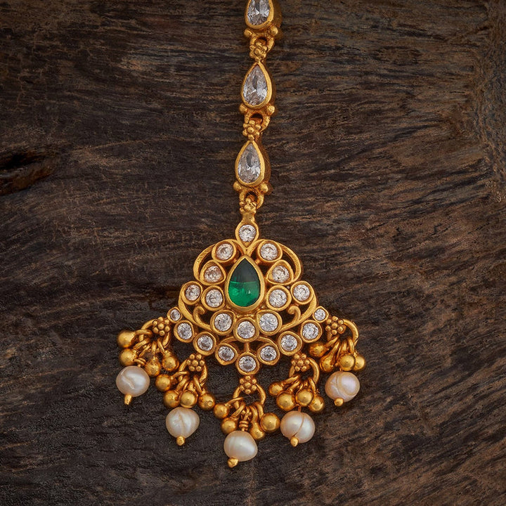 92.5 Sterling Silver Gold-Polished Maang Tikka with Emerald Green Stone and Pearl Drops | SHOBITAM
