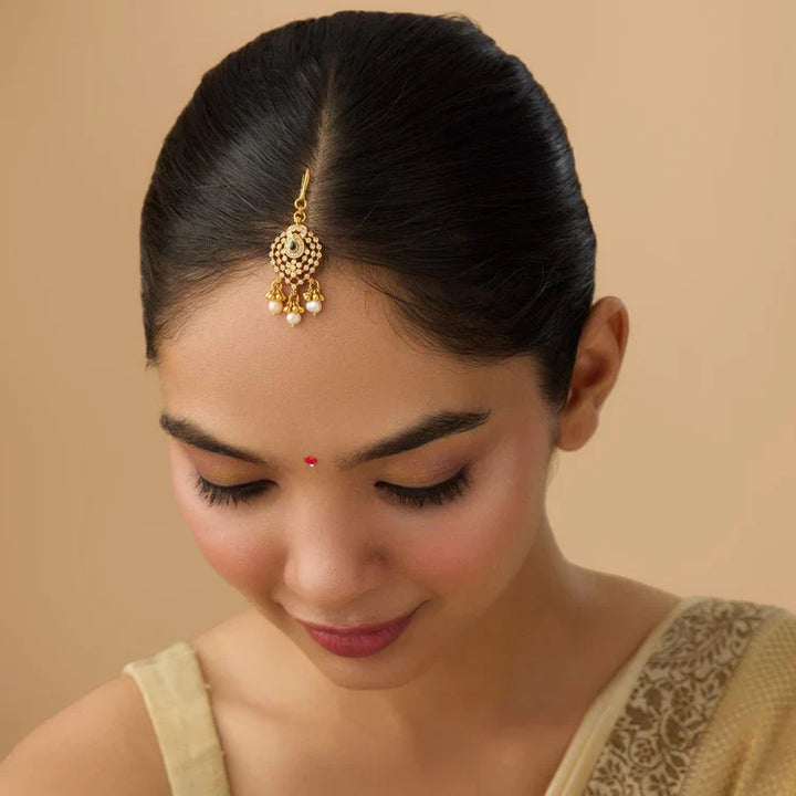 92.5 Sterling Silver Gold-Polished Maang Tikka with Emerald Green Stone and Pearl Drops