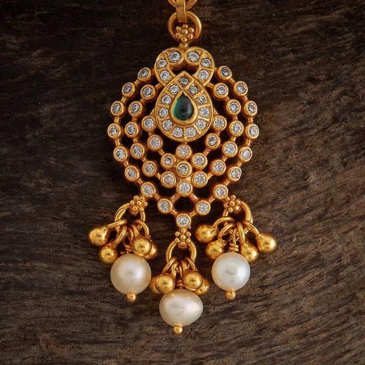92.5 Sterling Silver Gold-Polished Maang Tikka with Emerald Green Stone and Pearl Drops