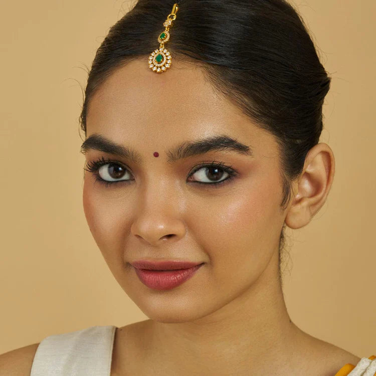 92.5 Silver Gold-Plated Elegant Emerald Green Maang Tikka with CZ Accents