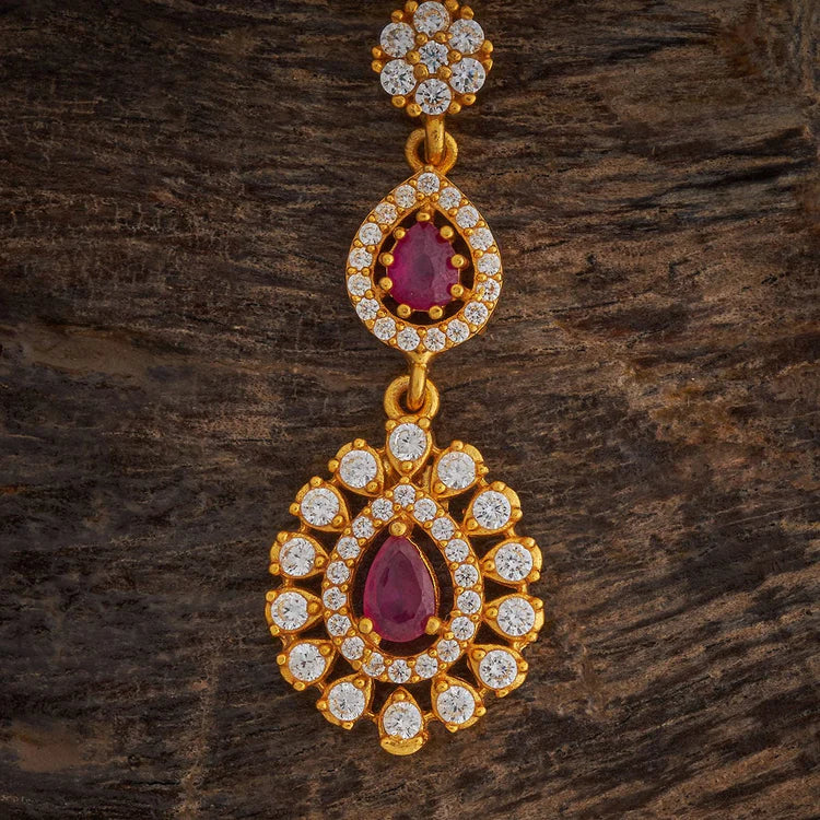 92.5 Silver Gold Plated Ruby and White Stone Floral Drop Maang Tikka