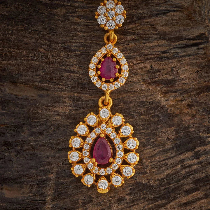 92.5 Silver Gold Plated Ruby and White Stone Floral Drop Maang Tikka