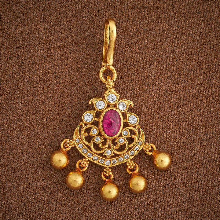 92.5 Silver Gold Plated Maang Tikka with Pink Stones and Gold Beads