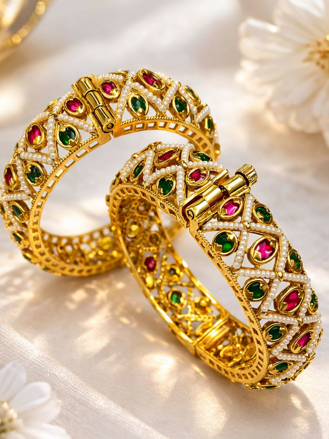 Antique Multicolour Gold Plated Polki Bangles | SHOBITAM