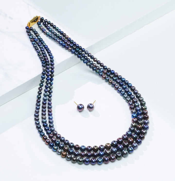 Freshwater Iridescent Deep Blue Pearl Necklace Set