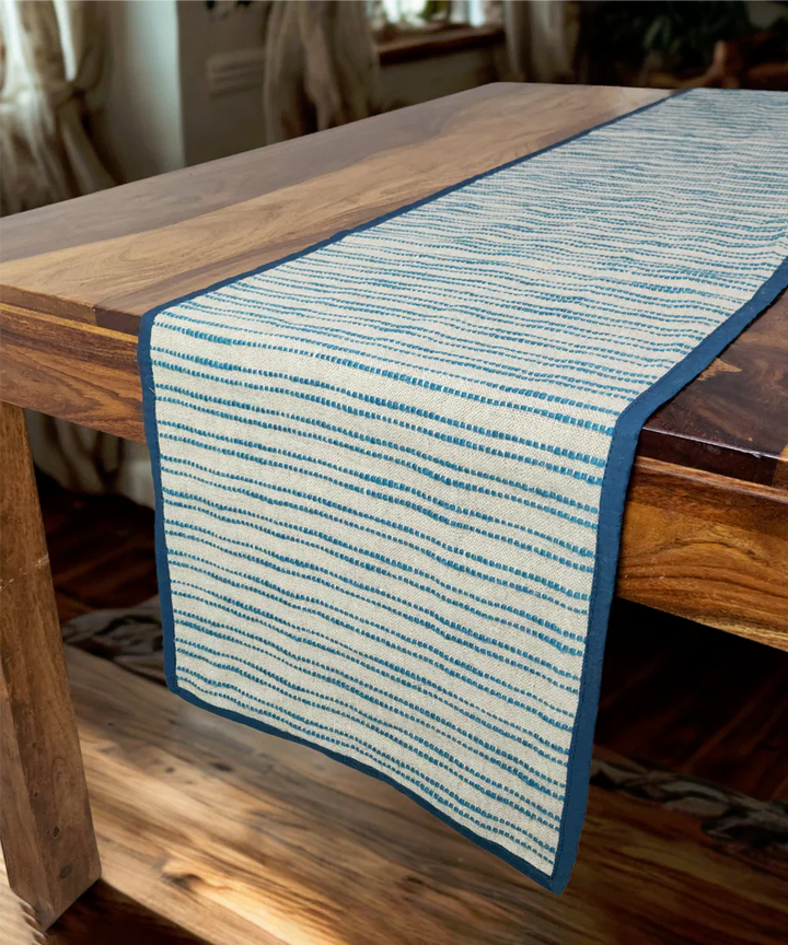 6 seater Linen Natural & Teal Yarn Dye Table Runner | SHOBITAM