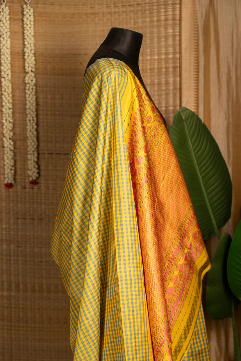 Grey and Yellow Checkered Molkalmuru Silk Saree | SILK MARK CERTIFIED