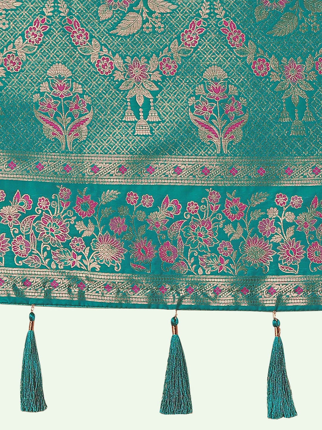 Turquoise Semi Banarasi Satin silk Saree With Zari Border And Butti Work | SHOBITAM