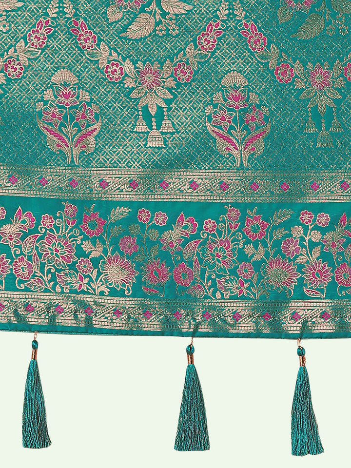 Turquoise Semi Banarasi Satin silk Saree With Zari Border And Butti Work | SHOBITAM