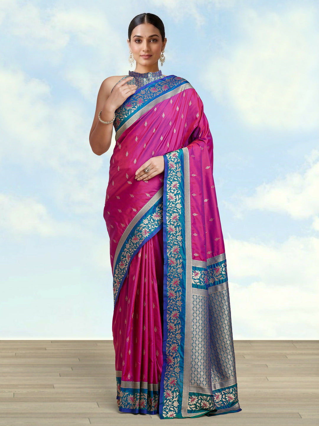 Magenta Banarasi Satin Silk Blend Zari Work Saree | SHOBITAM