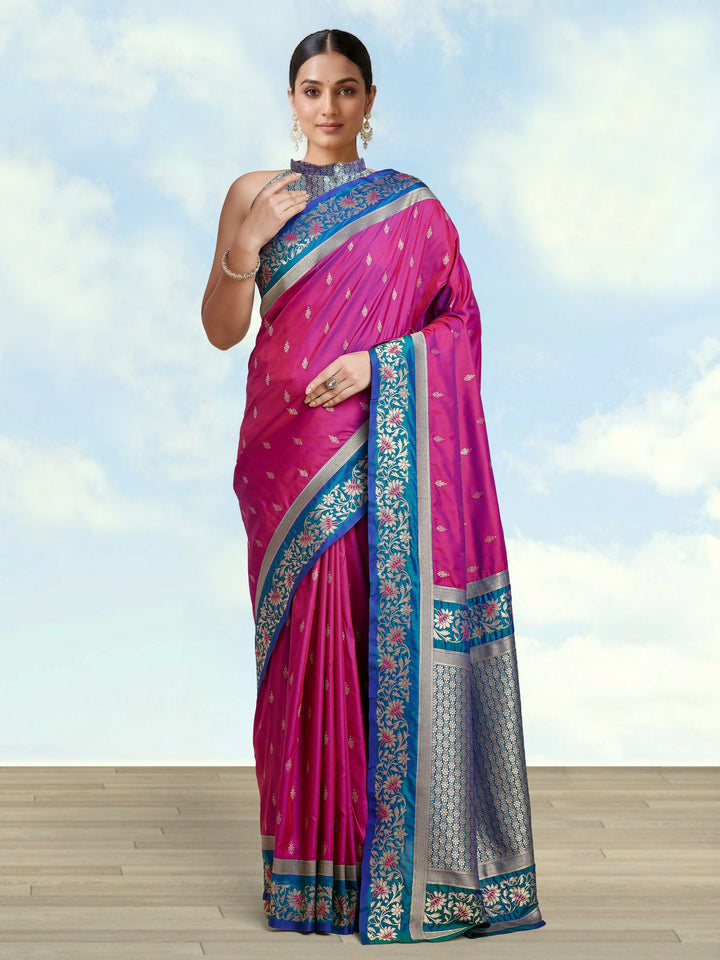 Magenta Banarasi Satin Silk Blend Zari Work Saree | SHOBITAM