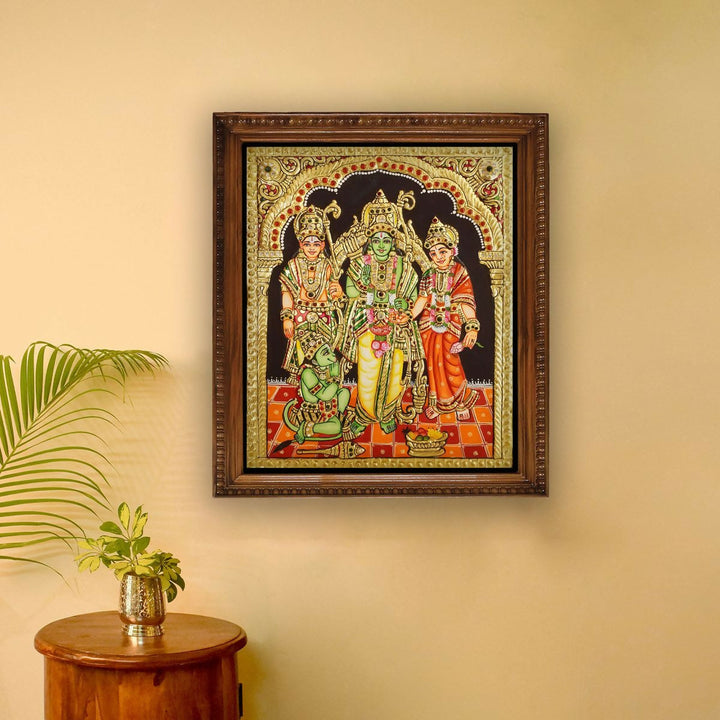 12x10" Kodanda Rama Tanjore Painting, Authentic With 22 Ct gold Foil and Jaipur Gemstones ,Unframed | SHOBITAM
