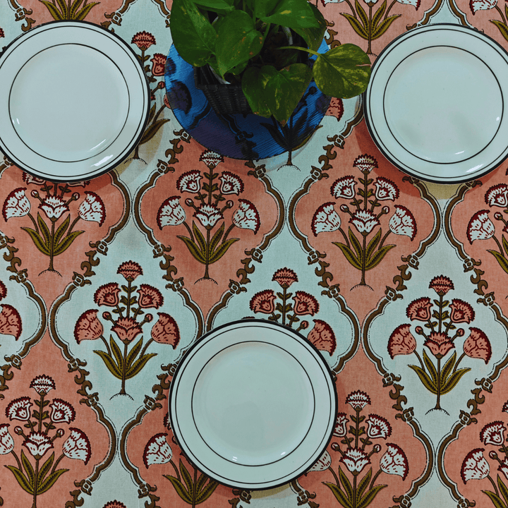 Ariana 6 Seater Dining Table Cover, Block Print, 100% Cotton, 60" x 90"|SHOBITAM