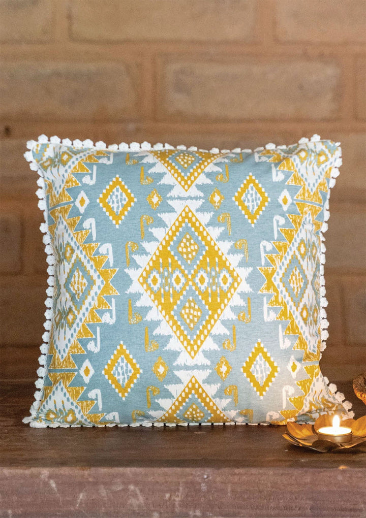 Topaz Printed Blue & Yellow Cushion Cover for Sofa – 100% Cotton, 16"x 16" | SHOBITAM