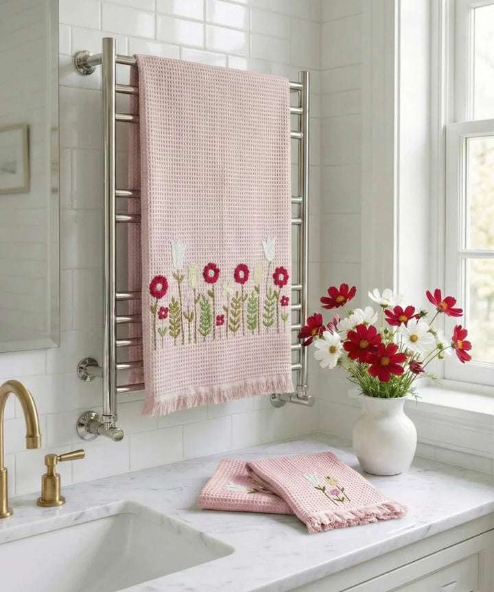 Embroidered 1 Pc Bath and 2 Pcs Hand Towel Set | Cotton Waffle Fabric | Dusty Pink | SHOBITAM