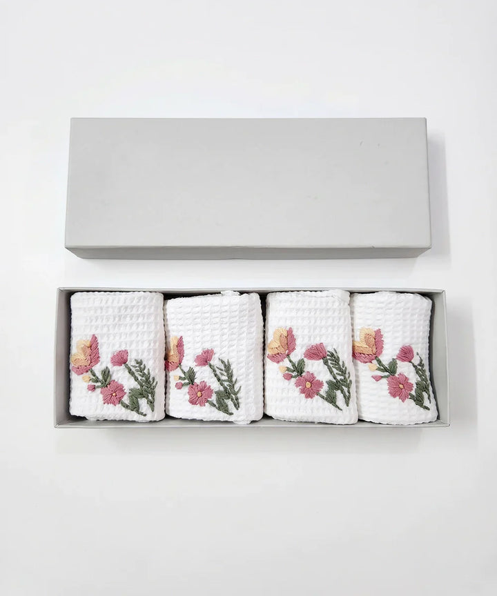 Embroidered 4 pcs Face and 2 pcs Hand Towel Set | Cotton Waffle | White | SHOBITAM