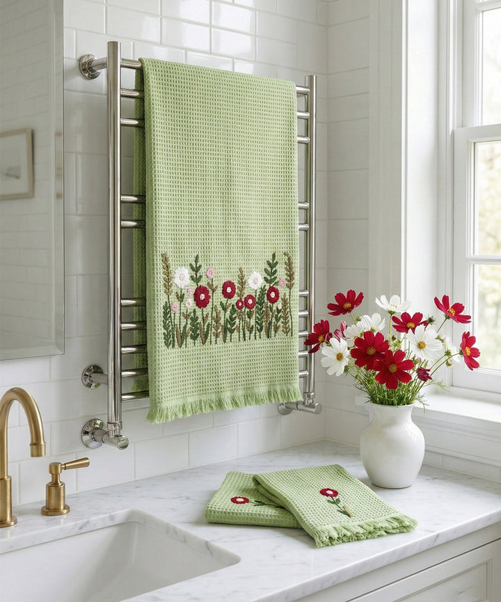 Embroidered 1 Pc Bath and 2 Pcs Hand Towel Set | Cotton Waffle Fabric | Sage Green | SHOBITAM