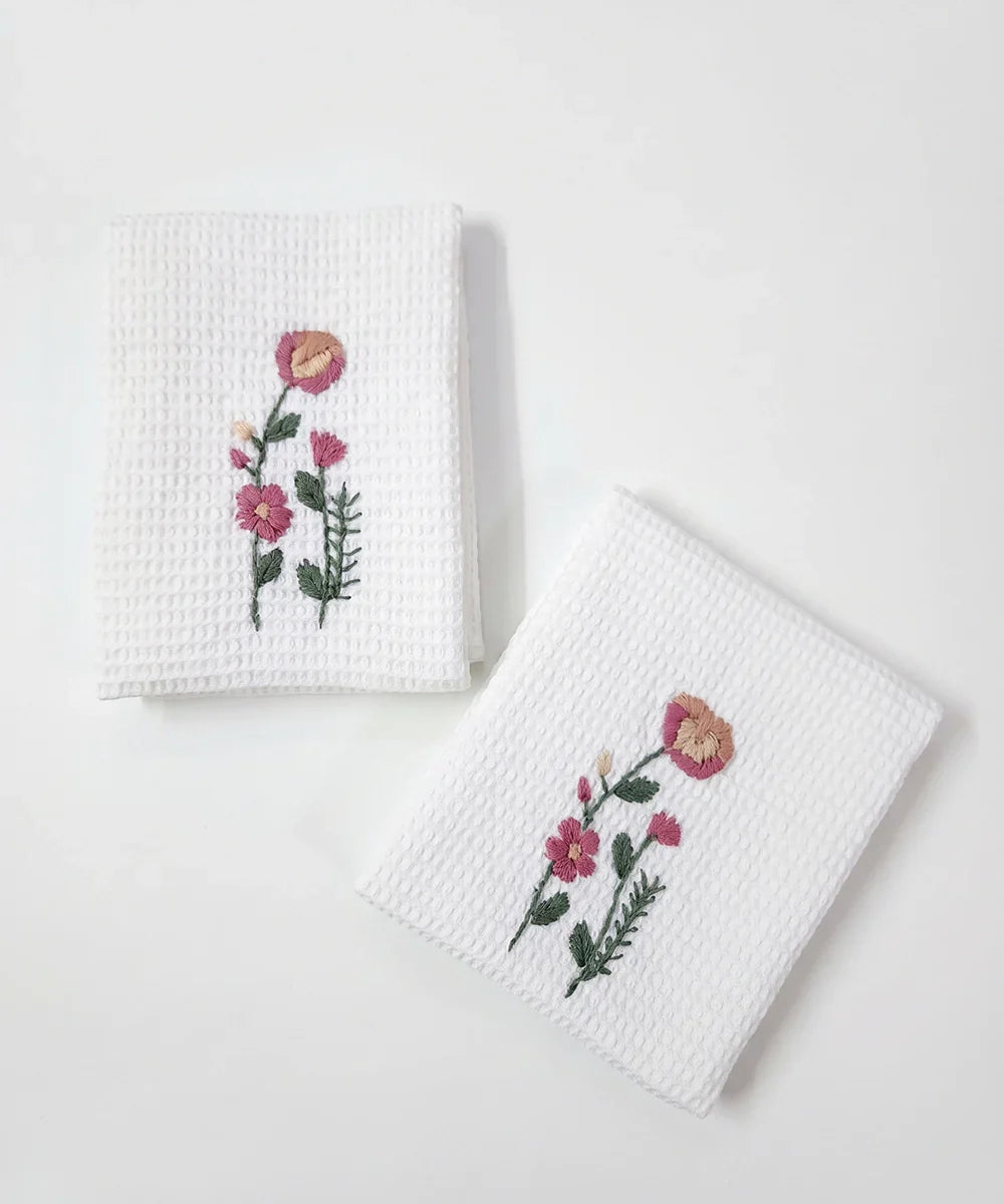 Embroidered 1 Pc Bath and 2 Pcs Hand Towel Set | Cotton Waffle Fabric | White | SHOBITAM