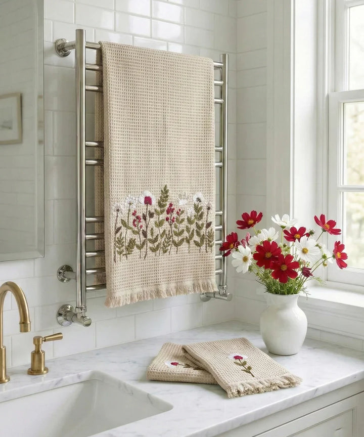 Embroidered 1 Pc Bath and 2 Pcs Hand Towel Set | Cotton Waffle Fabric | Beige | SHOBITAM