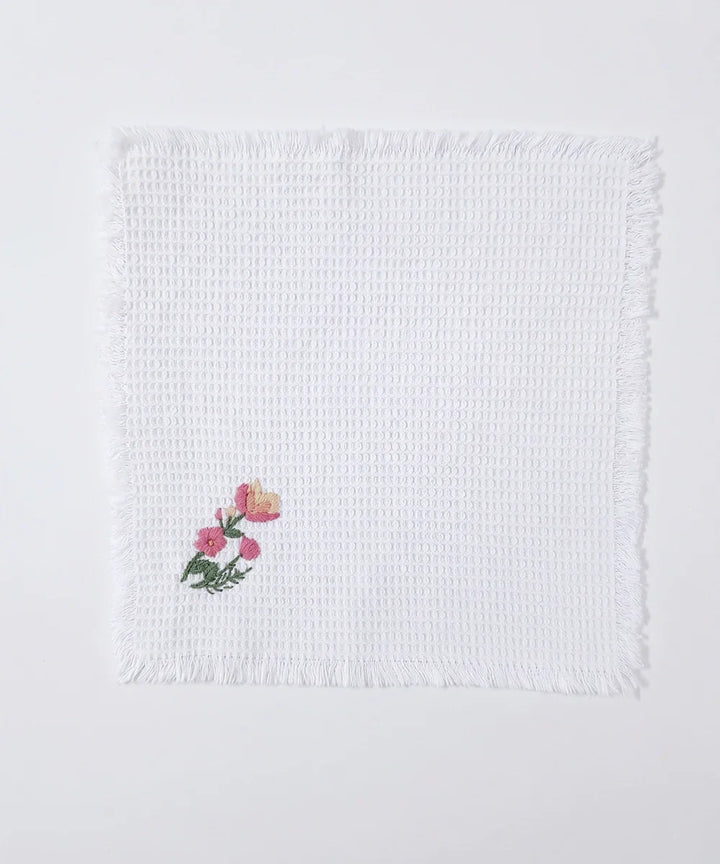 Embroidered 4 pcs Face and 2 pcs Hand Towel Set | Cotton Waffle | White | SHOBITAM