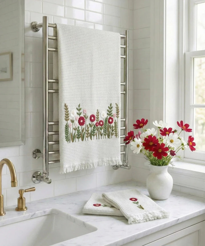 Embroidered 1 Pc Bath and 2 Pcs Hand Towel Set | Cotton Waffle Fabric | White | SHOBITAM