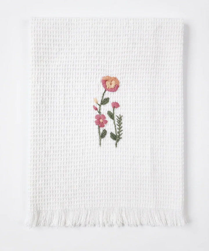 Embroidered 1 Pc Bath and 2 Pcs Hand Towel Set | Cotton Waffle Fabric | White | SHOBITAM