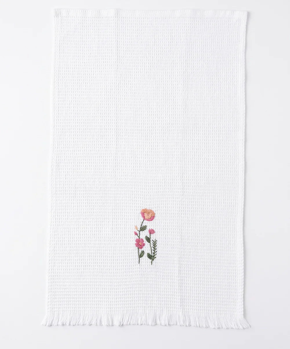 Embroidered 4 pcs Face and 2 pcs Hand Towel Set | Cotton Waffle | White | SHOBITAM