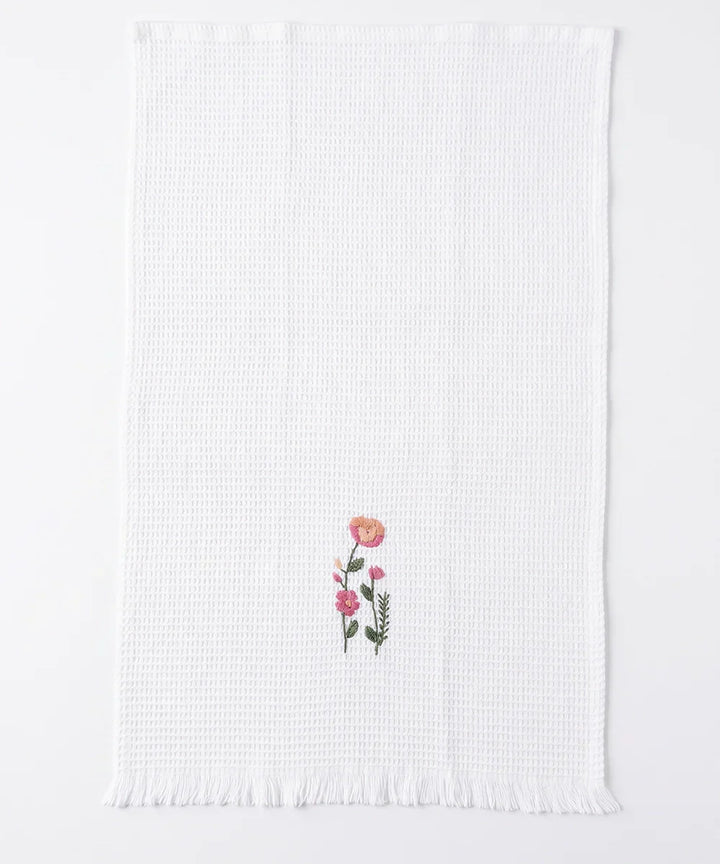 Embroidered 4 pcs Face and 2 pcs Hand Towel Set | Cotton Waffle | White | SHOBITAM