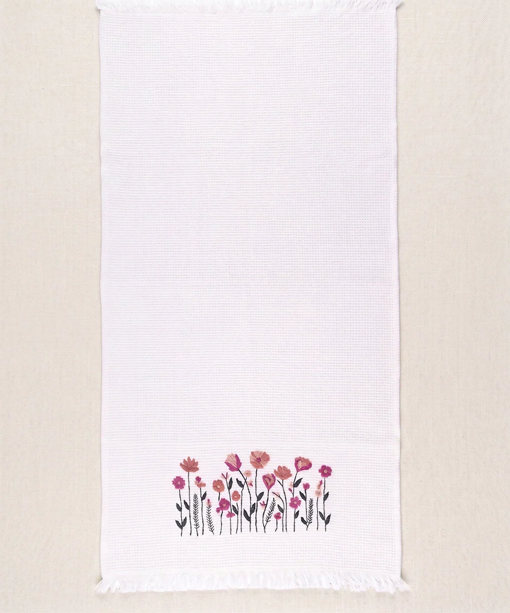 Embroidered 1 Pc Bath and 2 Pcs Hand Towel Set | Cotton Waffle Fabric | White | SHOBITAM