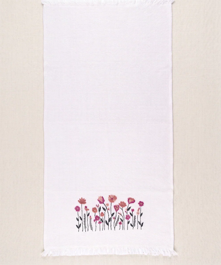 Embroidered 1 Pc Bath and 2 Pcs Hand Towel Set | Cotton Waffle Fabric | White | SHOBITAM