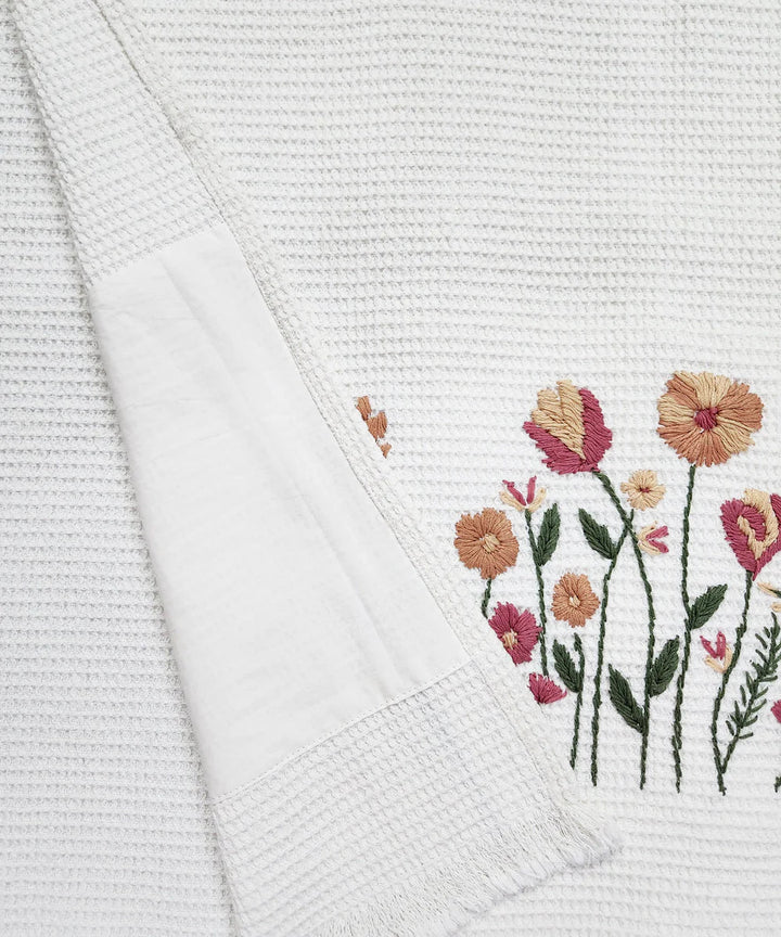 Embroidered 1 Pc Bath and 2 Pcs Hand Towel Set | Cotton Waffle Fabric | White | SHOBITAM