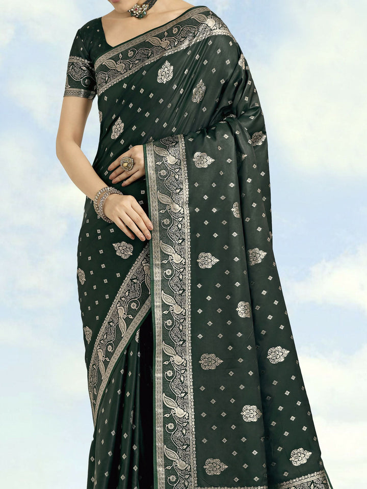 Dark Geen Woven Banarasi Satin Silk Saree | SHOBITAM